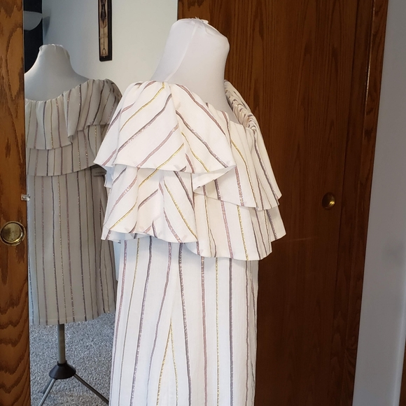 CHARLES HENRY Metallic Stripe Ivory Popover Dress Sz M NWT - Picture 3 of 15